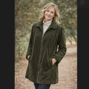 J. Jill Heritage Tumbled Cord Coat XL Green Sherpa Trim 2 Way Zip Jacket Outdoor